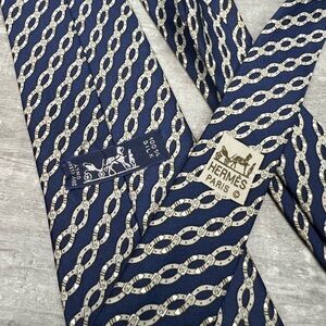 Hermes Paris 7021 TA Navy & White Horse Bit Stripe Tie